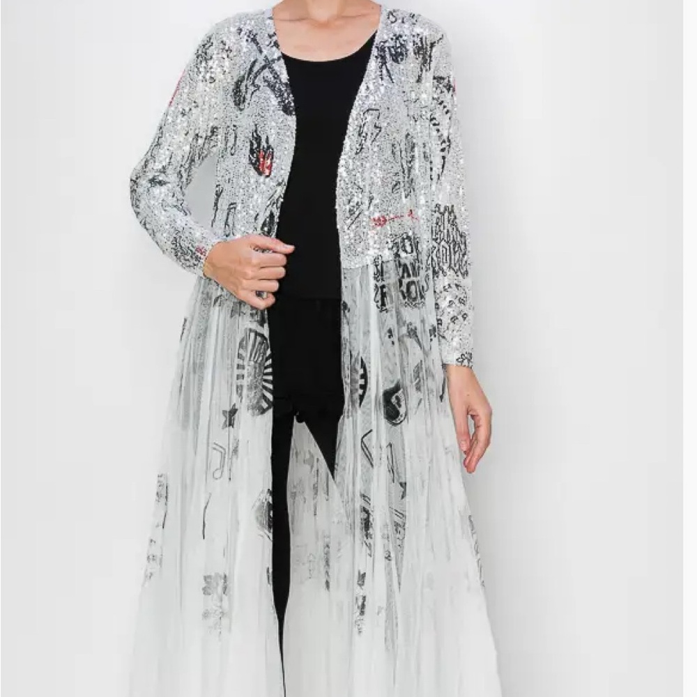 Origami brand silver sequin Long Sheer Cardigan tulle NWT rock ‘n’ roll print